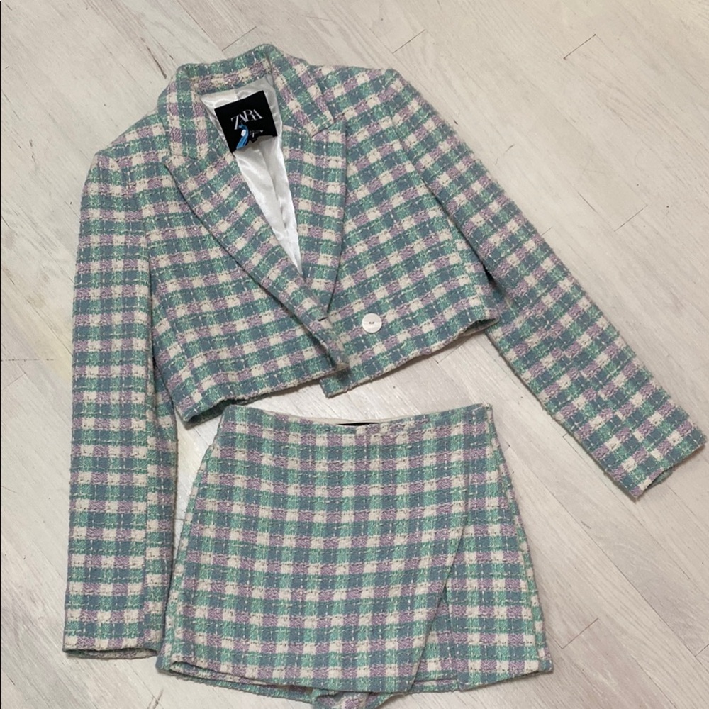 Zara Plaid Cropped Blazer and Skirt Set
